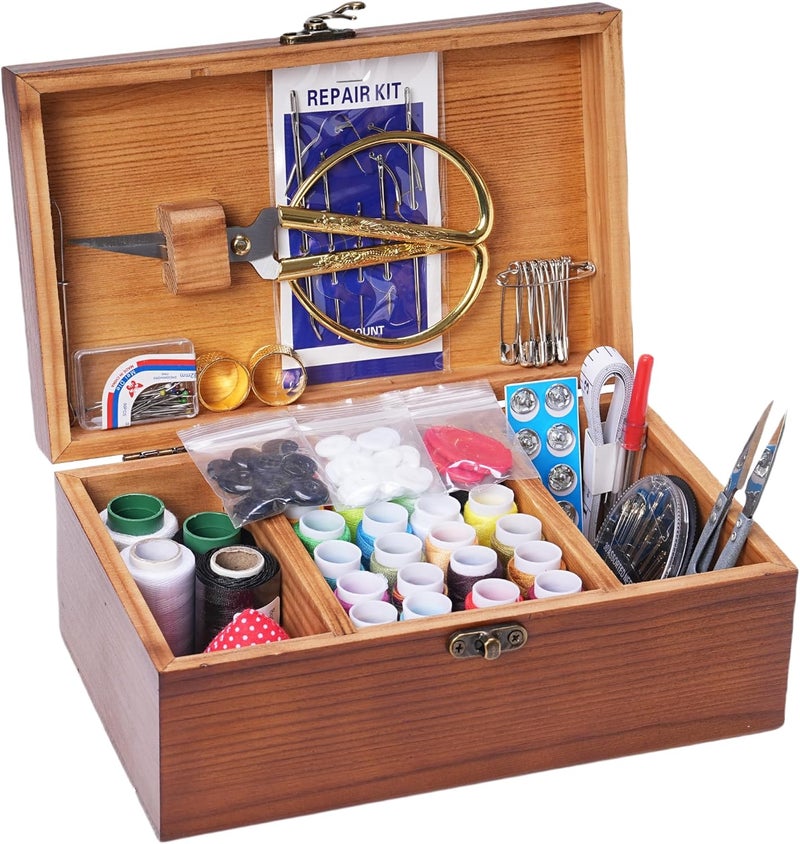 VEAPILS Wooden Sewing Kit Box, Wooden Sewing Box with Sew Kit Accessories, Sewing Repair Kit Sewing Basket, Basic Sewing Kit for Adults, Beginner Universal Home Sewing Repair Tool Kit - Vintage Sewing Set - Image 2
